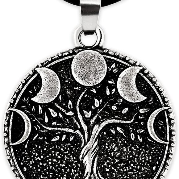 Jewelry - Tree of Life Necklace, Vintage Antique Tree of Life Moon Pendant, Faux Leather C